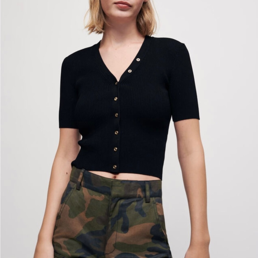 Maje Black Ribbed Short-Sleeve Button Cardigan